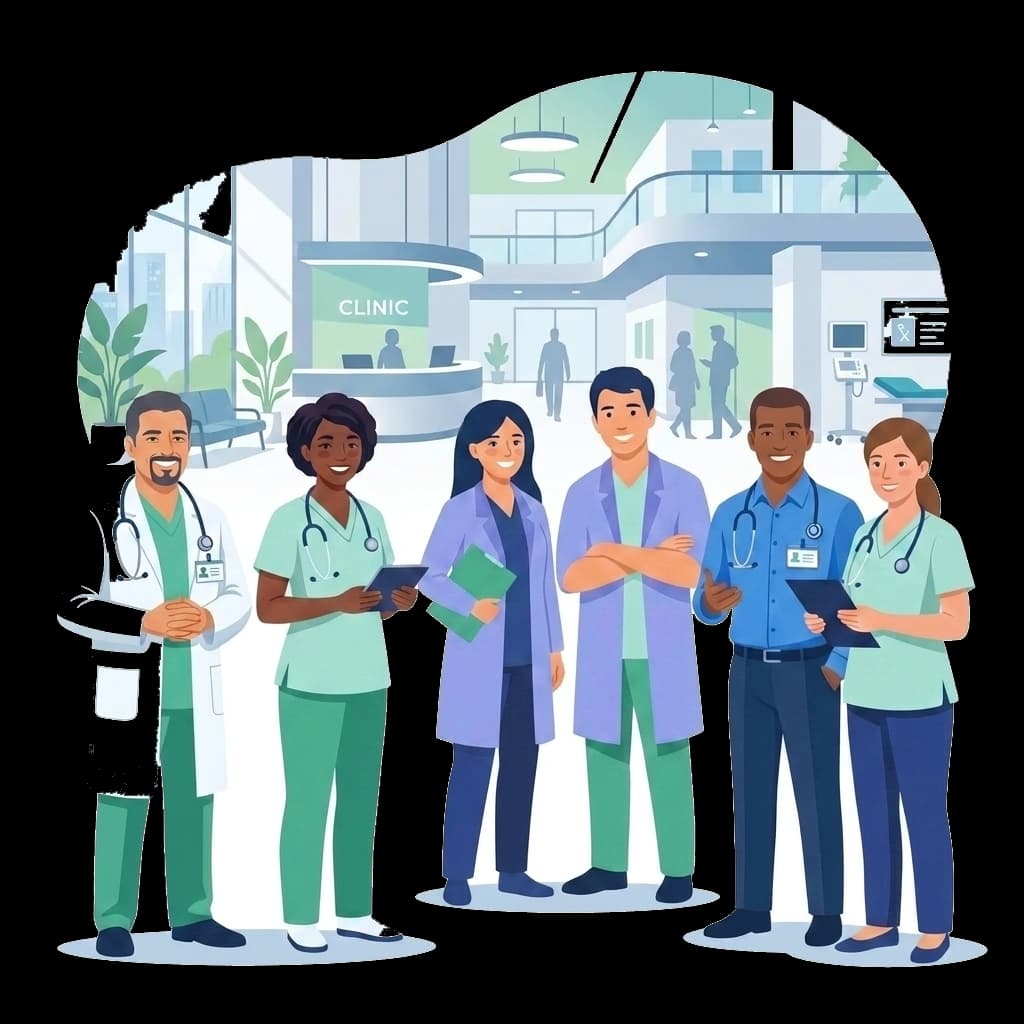 Team of diverse physicians ready to connect with facilities