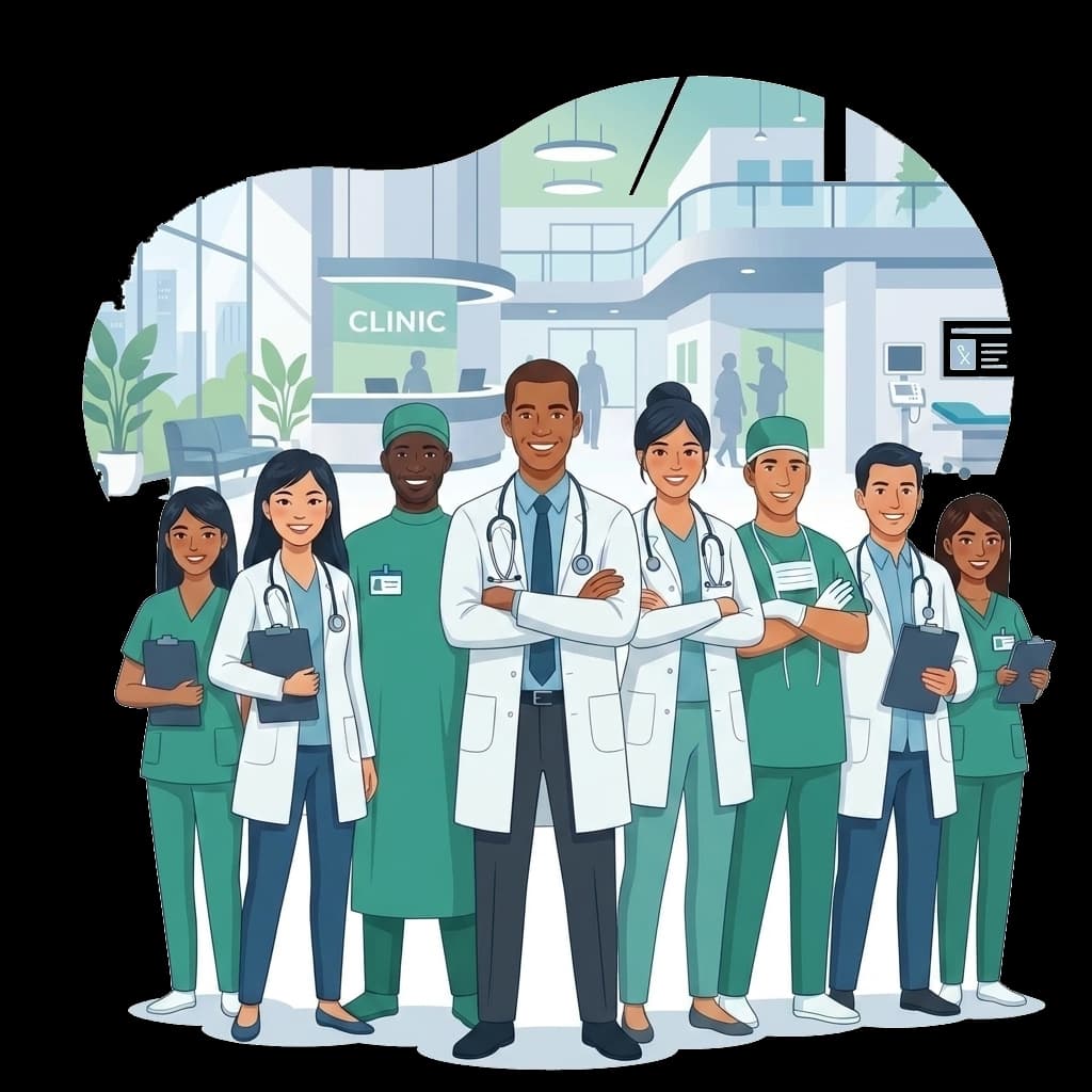 Team of diverse physicians in white coats smiling